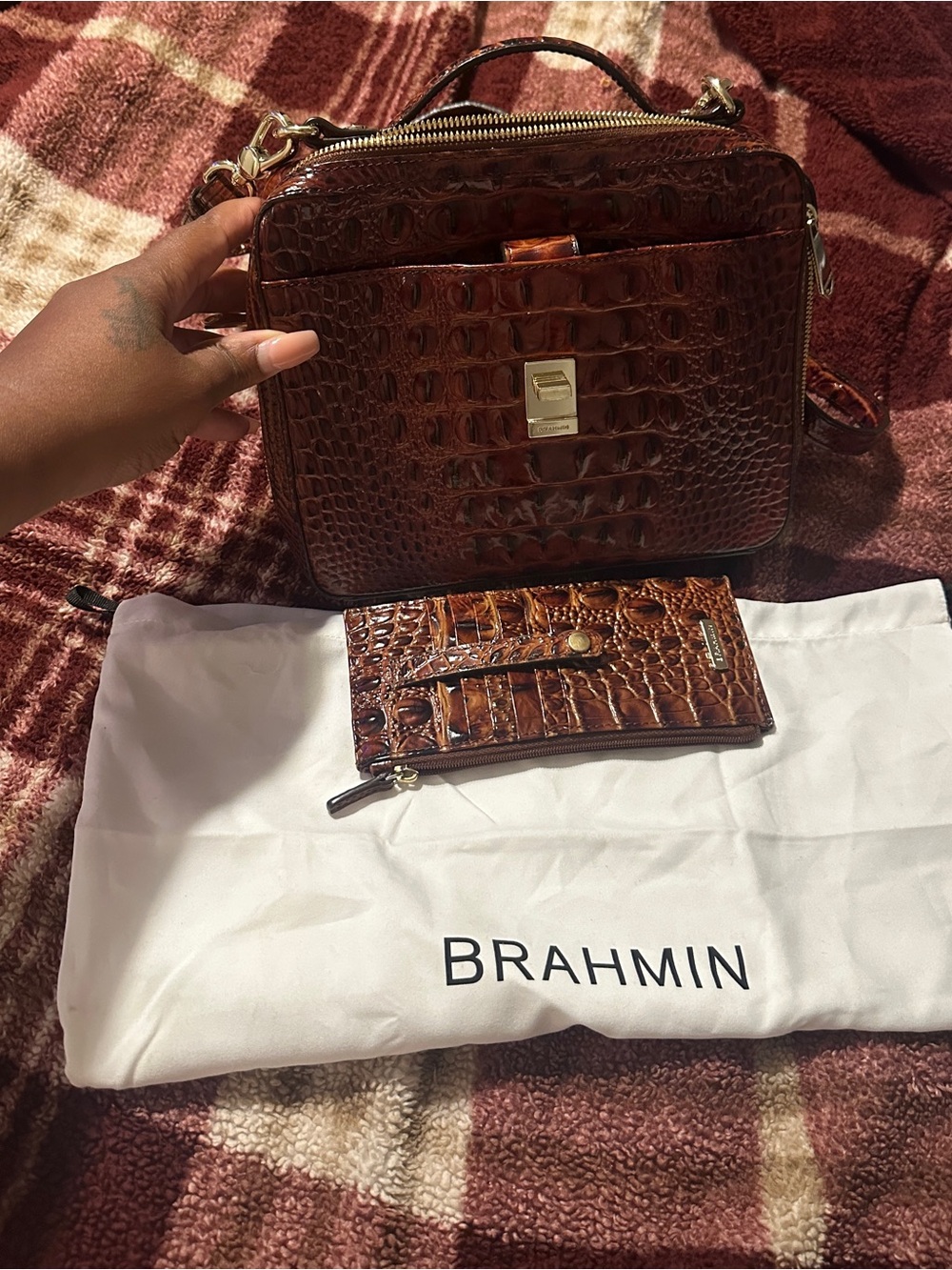 Brahmin Cognac Croc-Embossed Leather Top-Handle Crossbody w/ dust bag